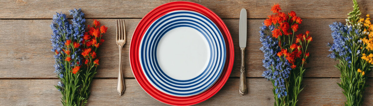 Patriotic table setting plate fork knife wildflower red white blue dinner scene for 4th of july celebration rustic wooden table with bright