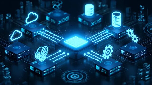 Cloud computing network with glowing digital icons and central processor for storage
