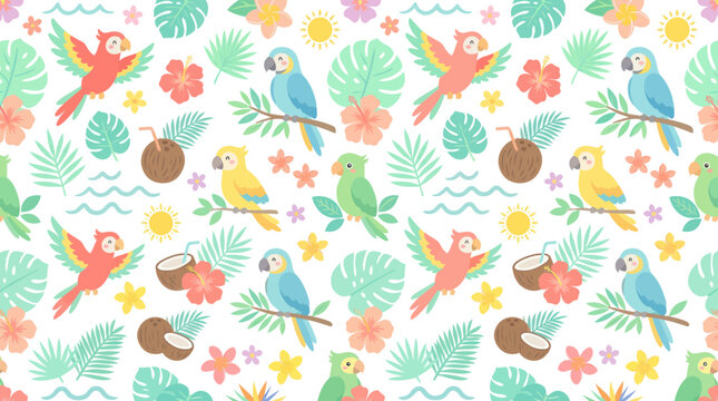 Tropical Parrot Pattern Seamless Vector Illustration - Flat Art Style