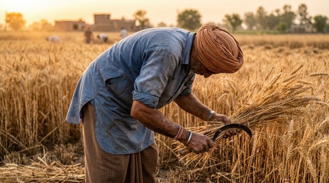 Sikh farmer in traditional attire harvesting wheat with a sickle in a golden field at sunset, surrounded by distant trees and rural structures under a warm sky