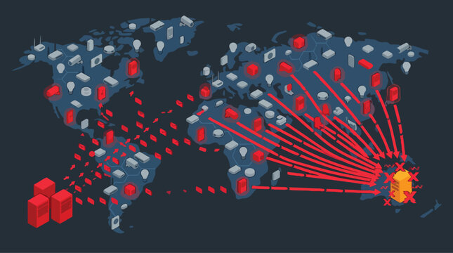 Cybersecurity Global Iot Botnet Launching a Distributed Denial of Service Attack on a Data Server Across a World Map Illustration