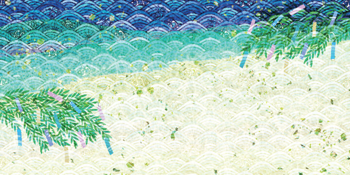 Japanese Traditional Bamboo Background with Blue Ocean Waves