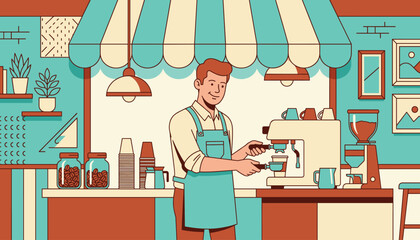 Fototapeta premium Barista Crafting Coffee: A friendly barista, wearing an apron, meticulously prepares a coffee drink using a professional espresso machine in a cozy cafe setting.