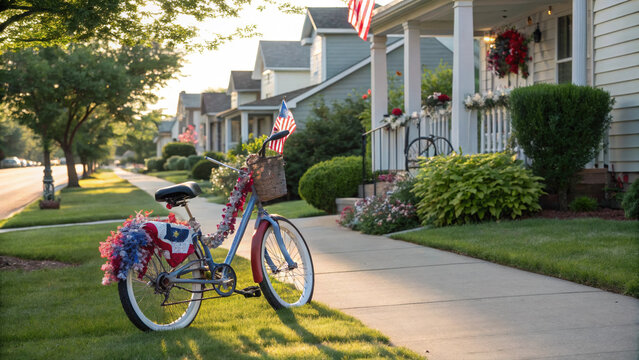 Patriotic bicycle 4th july american flag suburb front porch sidewalk summer evening red white blue decor neighborhood celebration with warm light