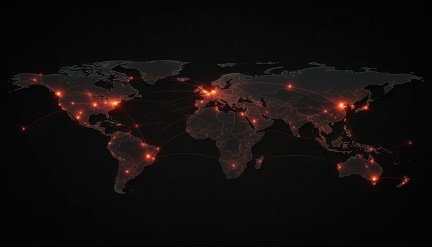 World map with glowing red hotspots indicating global spread of a pandemic or crisis pandemic outbreak epidemic hotspots emergency infection continents visualization illustration population
