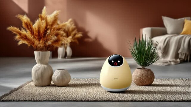 A warm-toned interior scene with an egg-shaped robot, plants, and vases on a rug