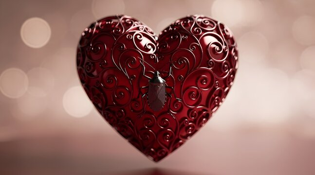 An insect or beetle sitting on a beautiful red metallic heart with intricate filigree pattern ornaments over a soft bokeh background