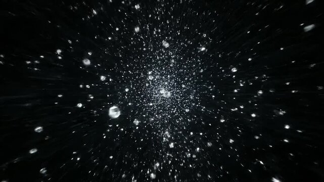 Abstract space starfield with glowing white particles flying through the dark galaxy