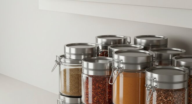 Assortment of Spices in Clear Glass Jars with Metal Lids