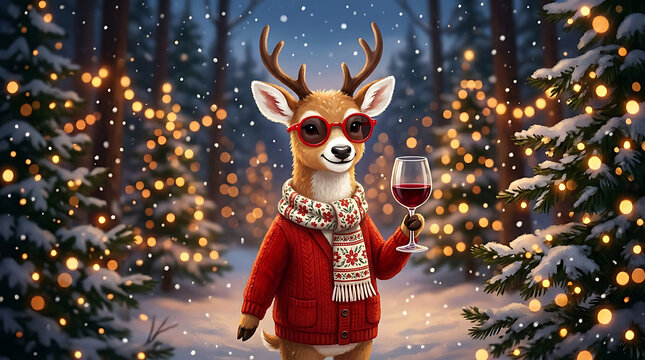 Reindeer in Red Sweater Enjoys Wine