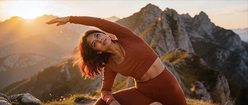 Serene woman yoga meditation on mountain at sunrise, outdoor nature fitness stretching for healthy lifestyle, peaceful exercise balance and flexibility in calm landscape, active wellness adventure