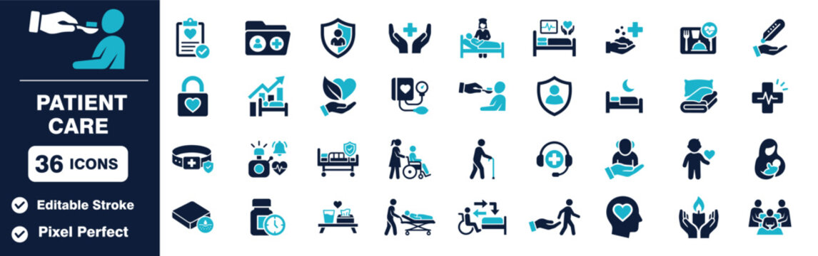 Set of 36 Patient care icon set for medical and healthcare services