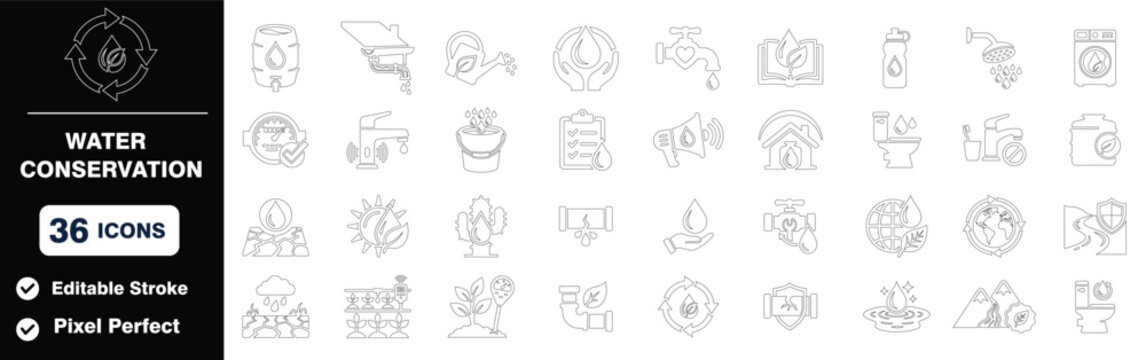 Set of 36 Water conservation line icon set