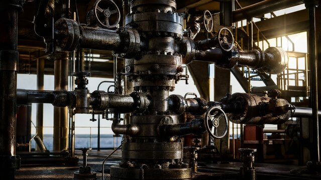 wellhead. Close-up of an industrial wellhead assembly with intricate steel pipes. safety posters, maintenance manuals, designed for precision metalworking and fabrication facilities.