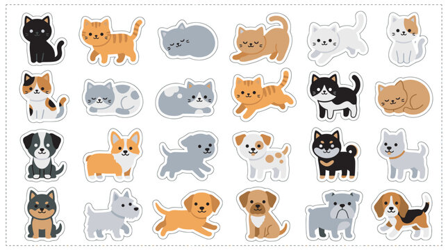Collection of cute cartoon animal stickers featuring various dog and cat breeds for scrapbooking or graphic design