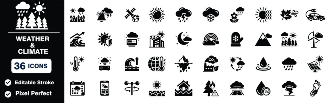 Set of 36 weather and climate icons for meteorological forecasting