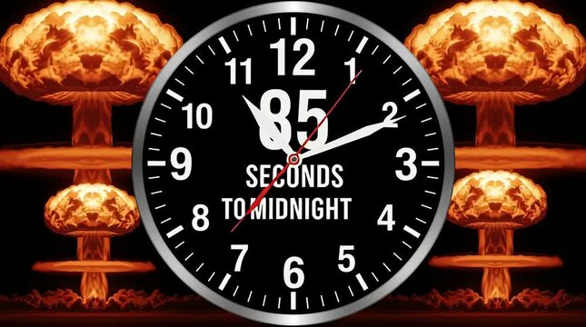 Animation video shows a clock counting down to midnight amidst mushroom clouds in a dark ominous scene with a sense of urgency and destruction.