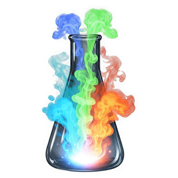Colorful chemical reaction in a lab flask with swirling liquids isolated on transparent background