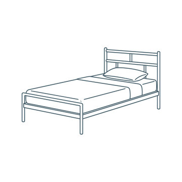 Linear vector illustration of a single metal frame bed with bedding and pillow, suitable for interior design, home furniture, and bedroom decor concepts.