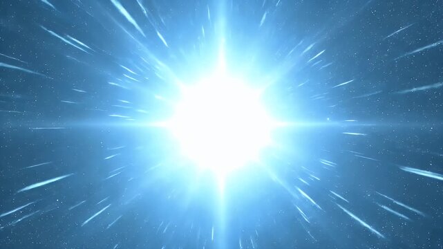Hyperspace jump starfield concept with glowing light rays and cosmic stars in space.