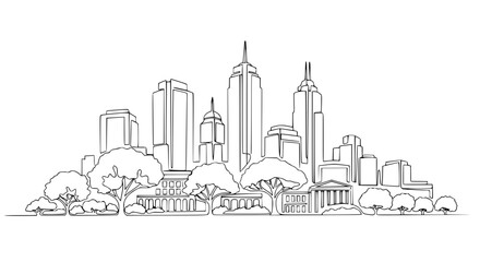 Obraz premium Minimalist Cityscape Line Art: Modern Buildings, Trees, and Architecture
