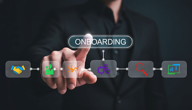 Businessman Touching Onboarding Button with Horizontal Business Process Flow Icons