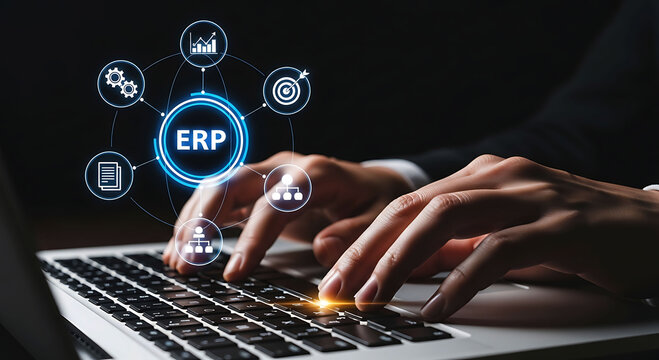 Professional Typing On Laptop Using ERP Software For Enterprise Resource Planning