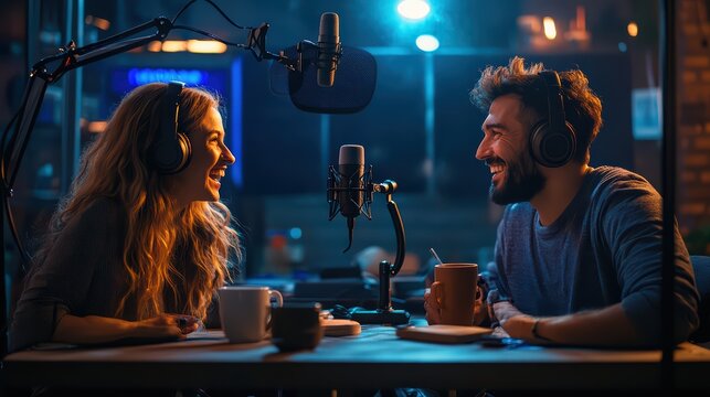 Two People Recording Podcast.