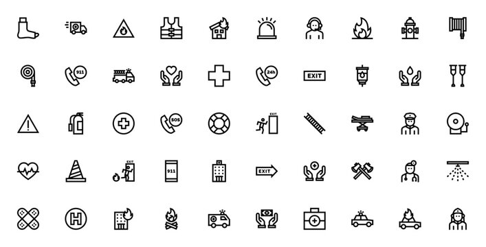 Emergency icon pack. Minimal thin line icons. Ambulance, fire, hospital, police, first aid, siren and more. Editable vector stroke.