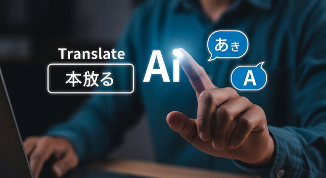 Man touching AI translation interface for multilingual language learning and tech