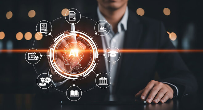 Businessman using artificial intelligence for online education and digital certification