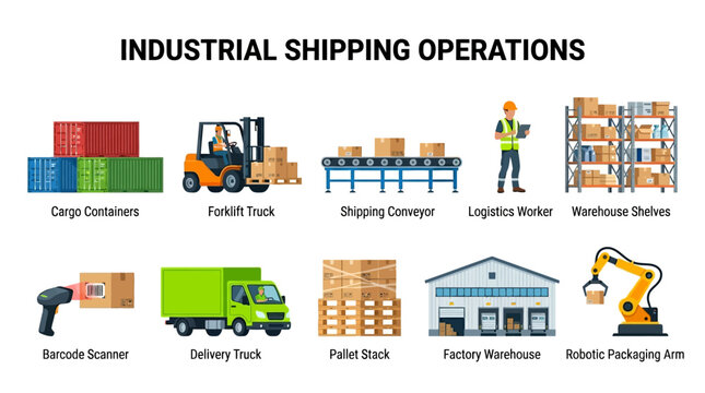 Industrial Shipping Operations Vector Illustration Logistics, Warehousing, and Delivery