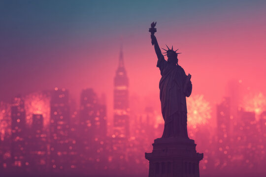 Statue of Liberty New York City fireworks 4th july skyline night celebration, patriotic holiday mood with city light and colorful firework over