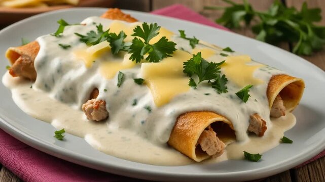 Savory Chicken Enchiladas with Creamy White Sauce and Melted Cheese