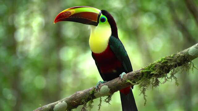 Keel-billed toucan perched on a mossy jungle branch