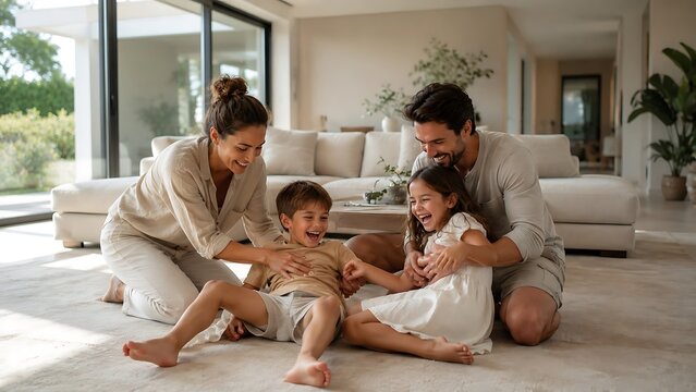 Happy family with two children playing on the floor at home.