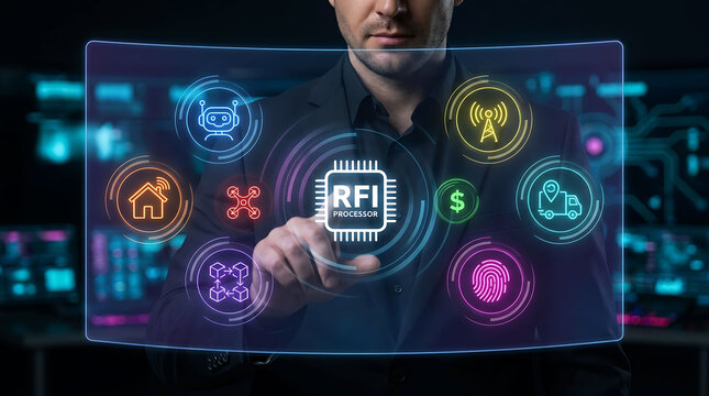 Man Pointing at Futuristic RFI Processor Interface Screen with Icons