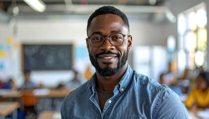 Naklejka premium Smiling African American Male Teacher in Classroom.