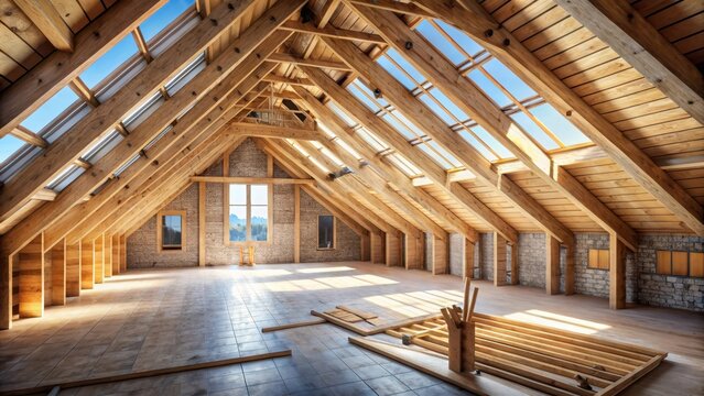 Ample vacant rooms in the attic level following the completion of wall and ceiling work