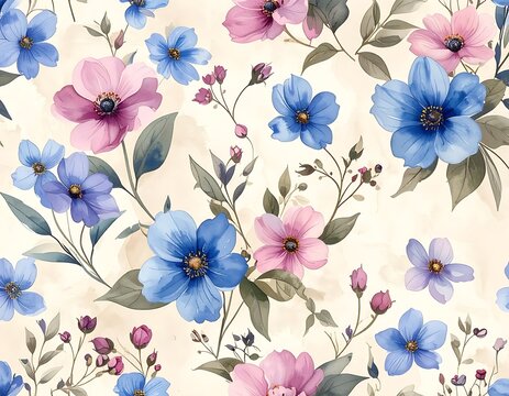 Vibrant floral pattern with blue pink flowers.