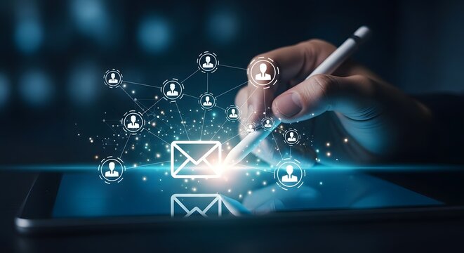 Email marketing network concept with digital human connections and stylus interaction