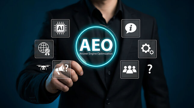 Answer Engine Optimization and AEO concept with business man holding magnifying glass