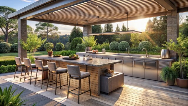 Luxurious outdoor kitchen with bar seating overlooking a serene garden landscape