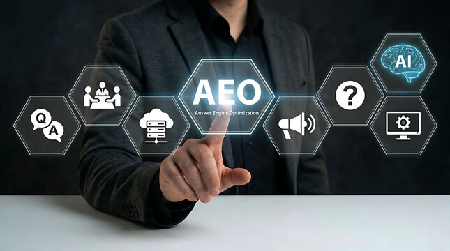 Answer Engine Optimization concept with business man pointing AEO text