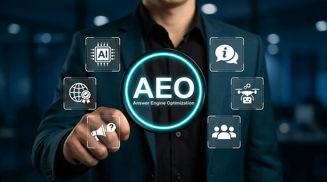 Answer Engine Optimization AEO concept with business person holding magnifying glass