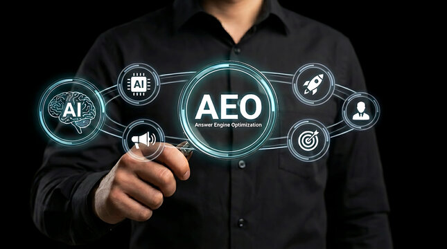 Answer Engine Optimization AEO concept with AI and digital marketing graphics