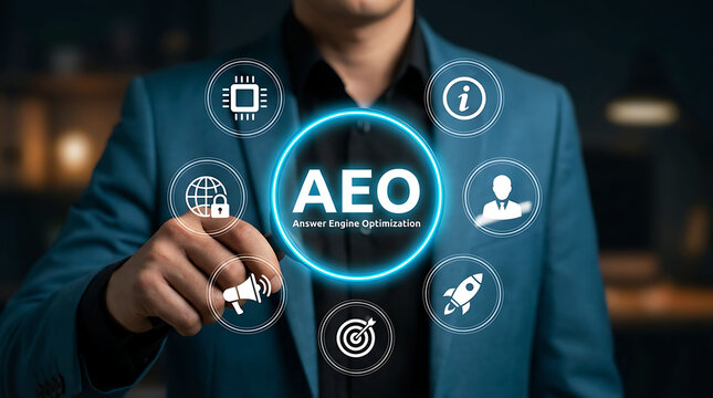 Businessman pointing at AEO Answer Engine Optimization concept for digital marketing