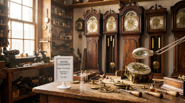Vintage Clockmaker Workshop with Antique Timepieces and Repair Tools