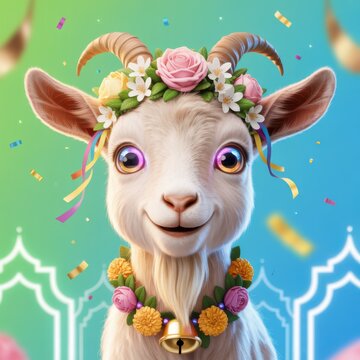 Whimsical goat with floral crown and bell during festive celebration with confetti and gradient background illustration