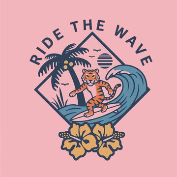 Tiger surfing on wave board.